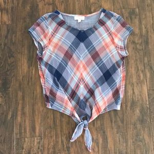 Anthropologie Plaid Tie Front Short Sleeve Top M